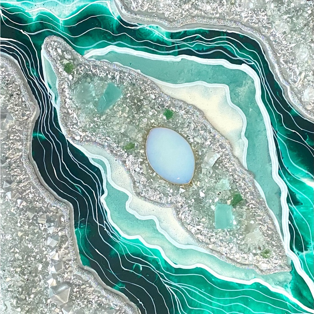 12x12 Resin Geode Painting, Deep green, silver and white on canvas panel